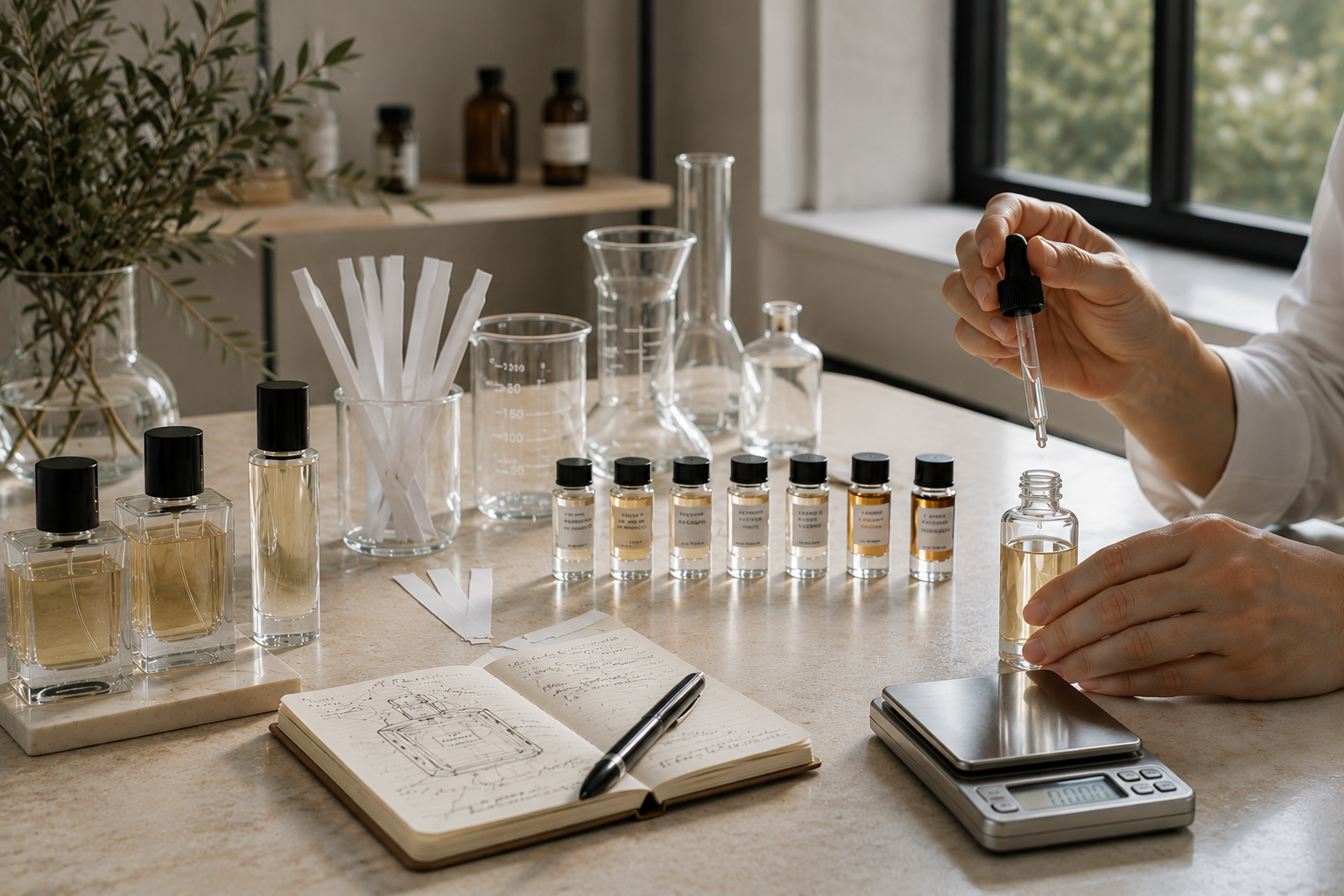 Laboratorio olfattivo con flaconi, materie prime e prove di dosaggio